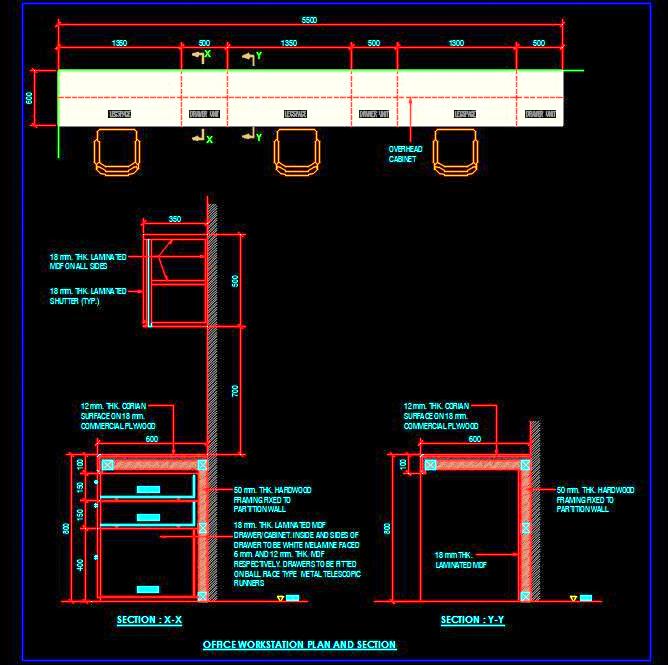 Office Workstation CAD Detail with Overhead Storage